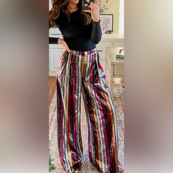 Fate Multicolor Sequined Striped Wide Leg Pants, New With Tags, Size Medium - Picture 3 of 9